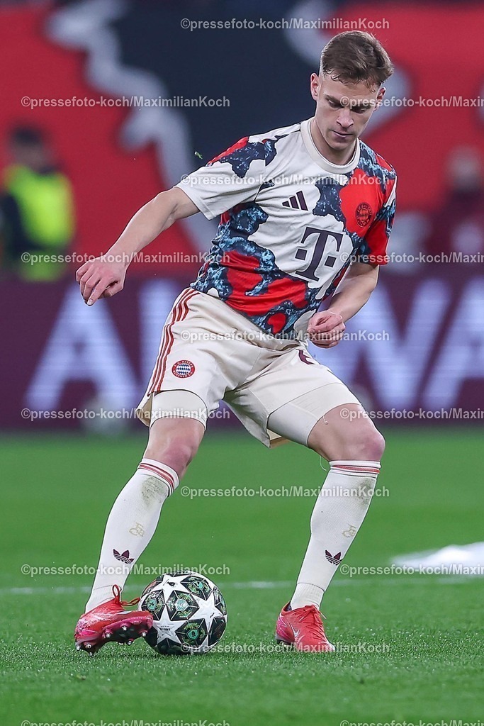 UCL11032502206 | 11.03.2025, Fußball, UEFA Champions League, Bayer 04 Leverkusen - FC Bayern München, Achtelfinale Rückspiel, BayArena, Saison 2024 2025: Joshua Kimmich (FC Bayern #6)DFB regulations prohibit any use of photographs as image sequences and or quasi-video.