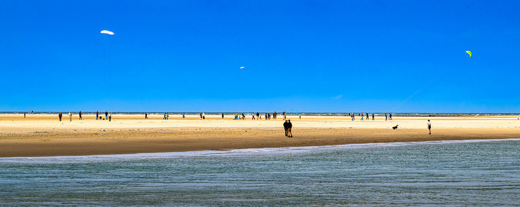 Sommertag am Sandstrand von Texel: Spaziergänger und Drachensteigen an der Nordsee | Panoramaaufnahme eines weiten Sandstrandes auf der niederländischen Nordseeinsel Texel unter strahlend blauem Himmel. Zahlreiche Urlauber und Spaziergänger flanieren an der Wasserkante, während am Horizont Kitesurfer und Lenkdrachen in der Luft zu sehen sind. Im Vordergrund liegt das ruhige Küstenwasser. Ein ideales Motiv für redaktionelle Beiträge zu Themen wie Nordseetourismus, Sommerurlaub, Freizeitaktivitäten an der Küste und Erholung auf den Westfriesischen Inseln. - Realisiert mit Pictrs.com