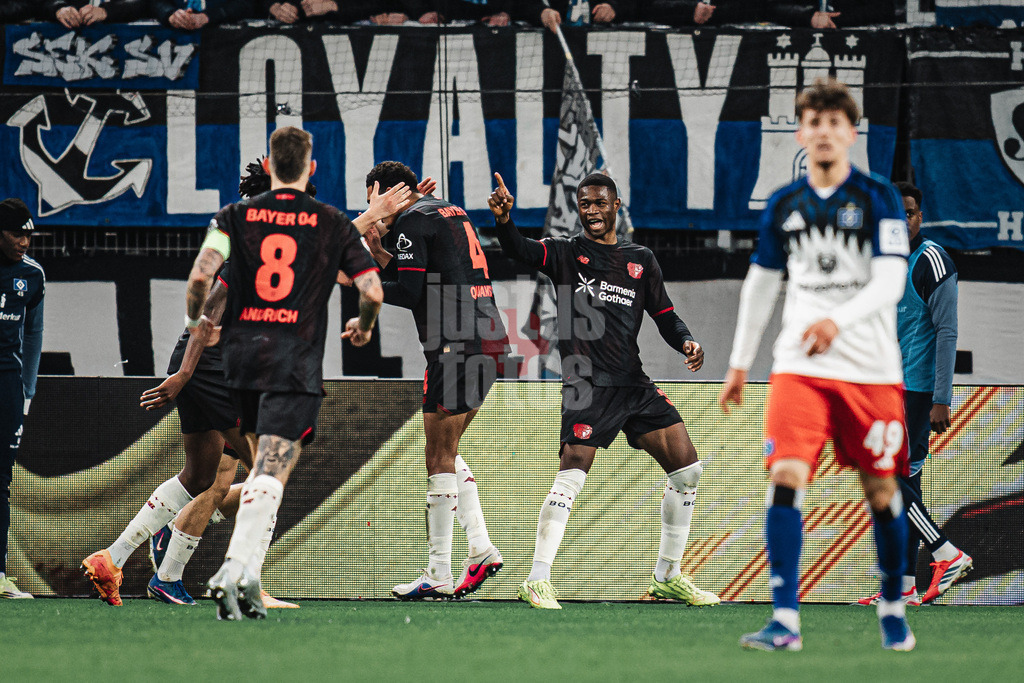 Fußball | Männer | Saison 2025/2026 | 1. Fußball-Bundesliga | 17. Spieltag | Hamburger SV vs. Bayer 04 Leverkusen | 04.03.2026 | Torjubel Christian Kofane (#35, Bayer 04 Leverkusen)