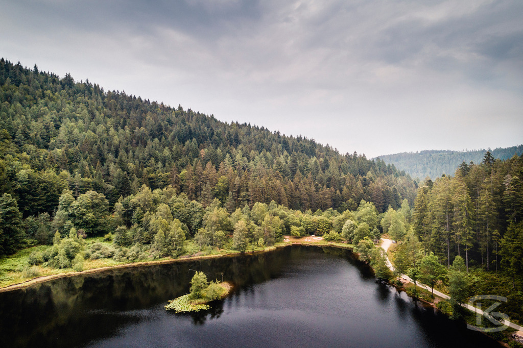 Idyllischer Sankenbachsee im Schwarzwald | Entdecken Sie den idyllischen Sankenbachsee in Baiersbronn, Baden-Württemberg. Dieses Bild fängt die malerische Waldlandschaft mit dem dunklen Wasser des Sees, einer kleinen, bewachsenen Insel und einem bequemen Wanderweg entlang des Ufers ein. Ein Ort der Ruhe und Erholung, umgeben von einem wertvollen Biotop im Naturpark Schwarzwald Mitte/Nord. - Realisiert mit Pictrs.com