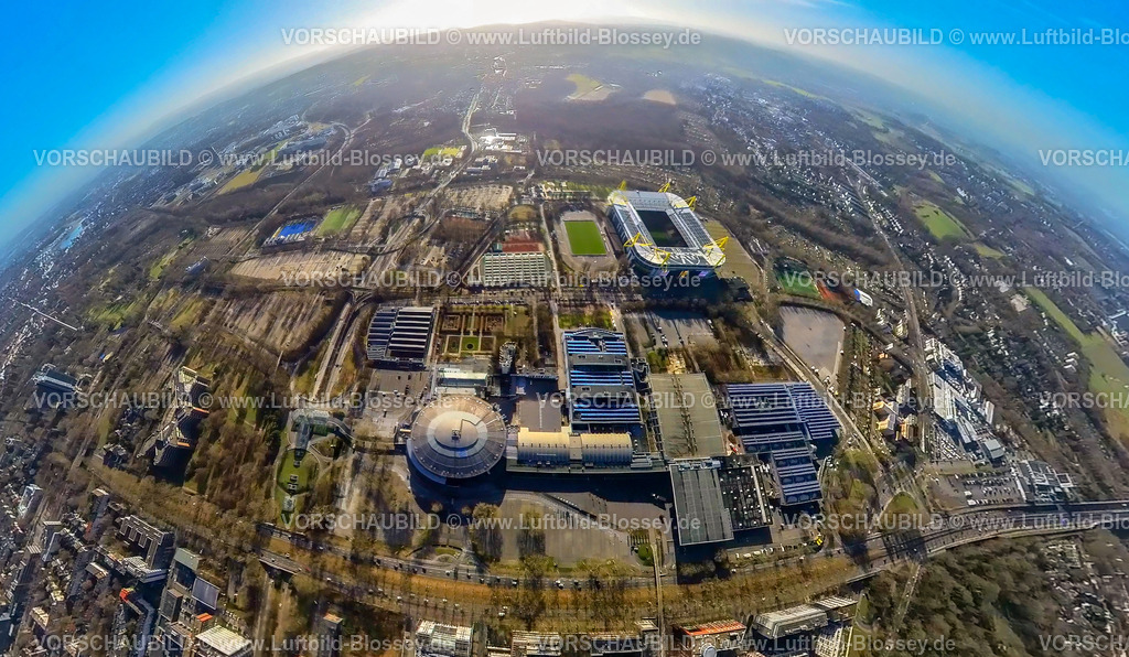 Dortmund240190019Westfalenhalle | Luftbild, Westfalenhallen für Events und Veranstaltungen, Signal Iduna Park Bundesligastadion des BVB 09 Borussia Dortmund, auch Westfalenstadion, Stadion Rote Erde, Bundesstraße B1, Verkehrssituation, Erdkugel, Fisheye Aufnahme, Fischaugen Aufnahme, 360 Grad Aufnahme, tiny world, little planet, fisheye Bild, Westfalenhalle, Dortmund, Ruhrgebiet, Nordrhein-Westfalen, Deutschland