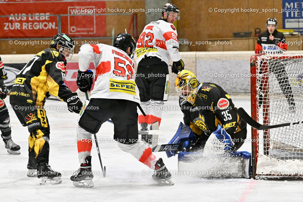 EC MET PHOTOVOLTAIK HORNETS SPITTAL vs. EV ZELTWEG MURTAL LIONS | #35 Egger Luca EC Hornets Spittal, #82 Quinz Marco EV ZELTWEG MURTAL LIONS, #59 Forcher Daniel EV ZELTWEG MURTAL LIONS, #87 Urbanek Martin EC Hornets Spittal, EC MET PHOTOVOLTAIK HORNETS SPITTAL vs. EV ZELTWEG MURTAL LIONS, EC MET PHOTOVOLTAIK HORNETS SPITTAL vs. EV ZELTWEG MURTAL LIONS am 08.02.2026 in Spittal an der Drau (Eissportzentrum Spittal), Austria, (Photo by Bernd Stefan)