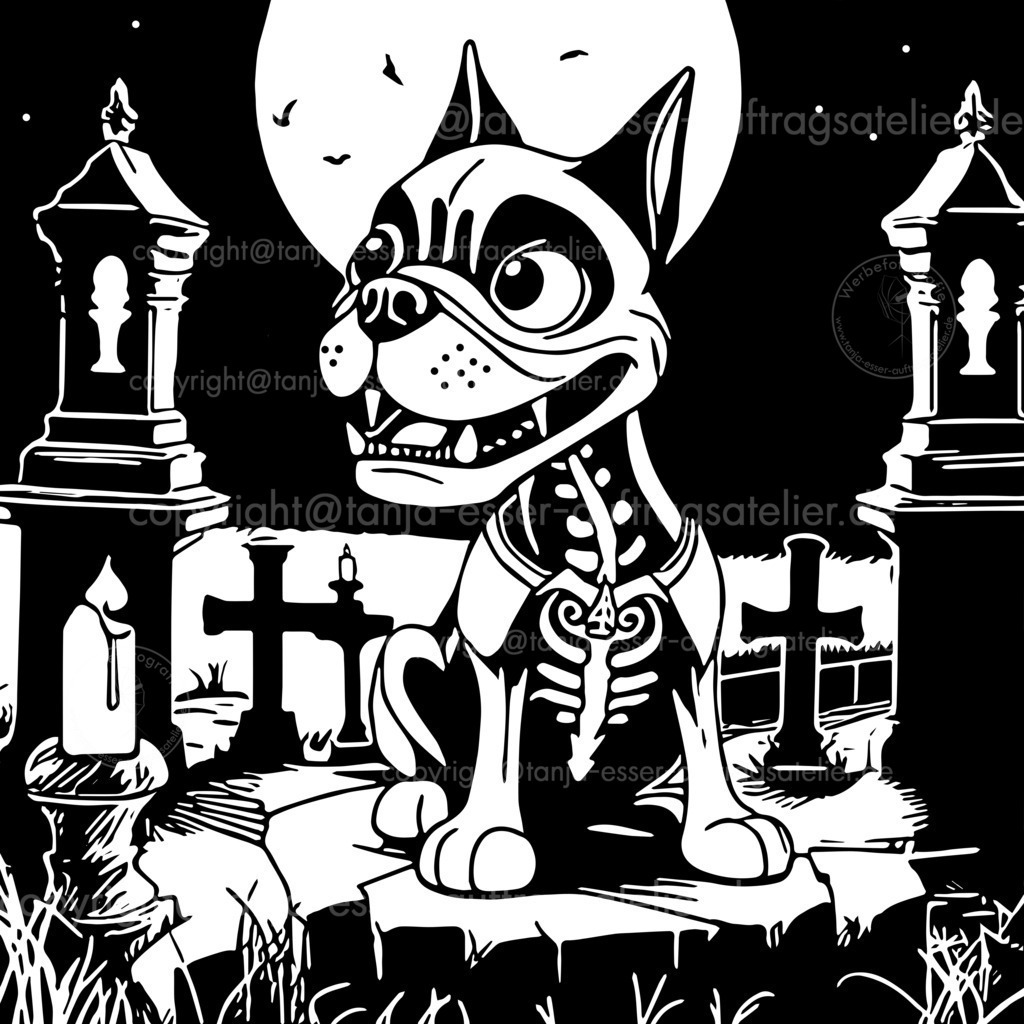 Halloween Frensh Bulldog D | Illustration eines Skeletts französische Bulldogge sitzt in einem Friedhof unter einem Vollmond. Die Bulldogge trägt einen Umhang und ist ein Vampir. Fledermäuse fliegen im Hintergrund.