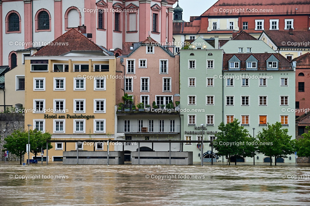Passau_ Hochwasser_ 04.06.2024-2 | 04.06.2024, Passau, GER, Hochwasser, im Bild Donau, Inn, Ilz, Dreifluesse, Ueberflutung