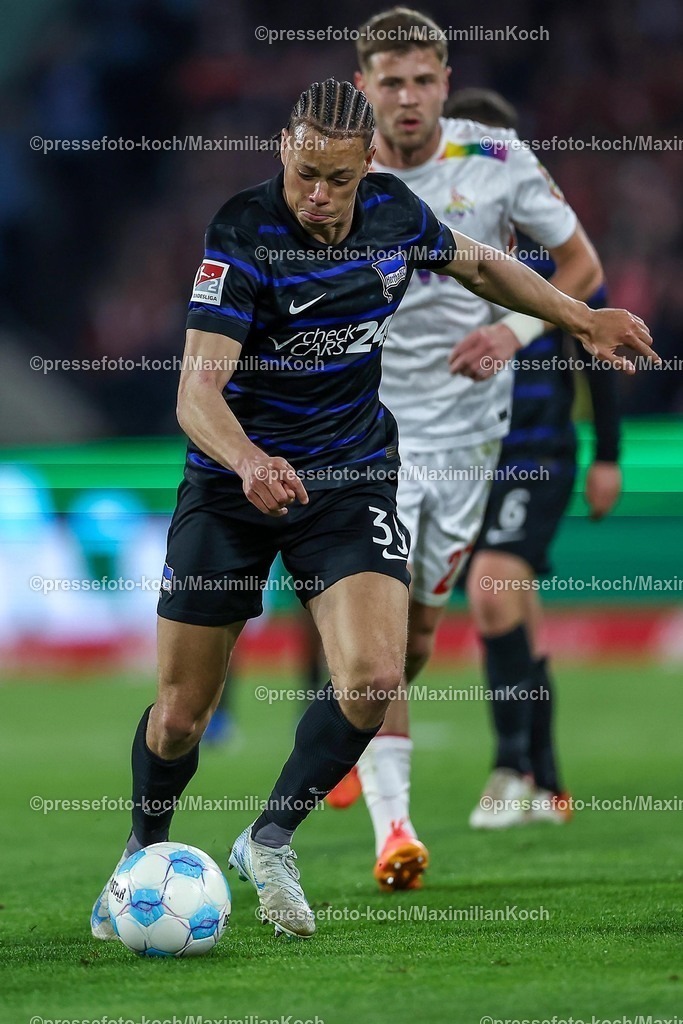 1FC05042502128 | 05.04.2025, Fußball, 1. FC Köln - Hertha BSC, 2.. Fußball Bundesliga, 28. Spieltag, RheinEnergie-STADION, Saison 2024 2025: Derry Scherhant (Hertha BSC #39) DFB regulations prohibit any use of photographs as image sequences and or quasi-video.