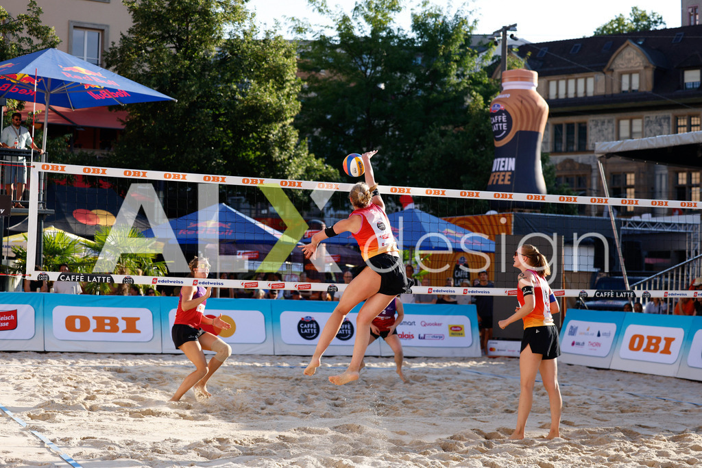 Obi BeachTour 2026 - Basel | BASEL, SWITZERLAND - JULY 17: LINDA ABBÜHL (SUI) attack / spike during the Obi BeachTour 2026 match between BOSSART / ABBÜHL (SUI) and KLUSER / SCHWAB (SUI) at Barfüsserplatz on July 17, 2026 in Basel, Switzerland. - Realisiert mit Pictrs.com