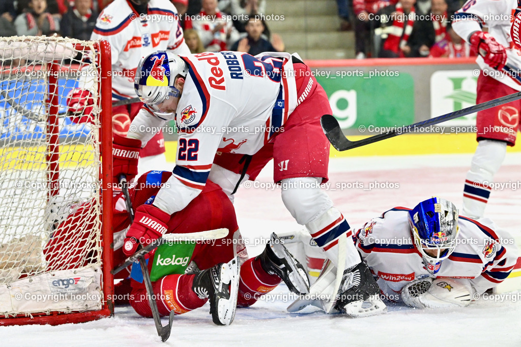 EC KAC vs. EC Red Bull Salzburb | #17 Pastujov Nick EC KAC, #22 Robertson Dennis Eamon EC RED BULL SALZBURG,  #35 Tolvanen Atte EC RED BULL SALZBURG,  EC KAC vs. EC Red Bull Salzburb, EC KAC vs. EC Red Bull Salzburb am 04.04.2025 in Klagenfurt (Heidi Horten Arena), Austria, (Photo by Bernd Stefan)