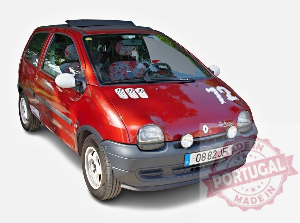 Renault Twingo car in rally style with number 72 | Renault Twingo hatchback personalized with rally aesthetics, number 72, and custom accessories - Realized with Pictrs.com