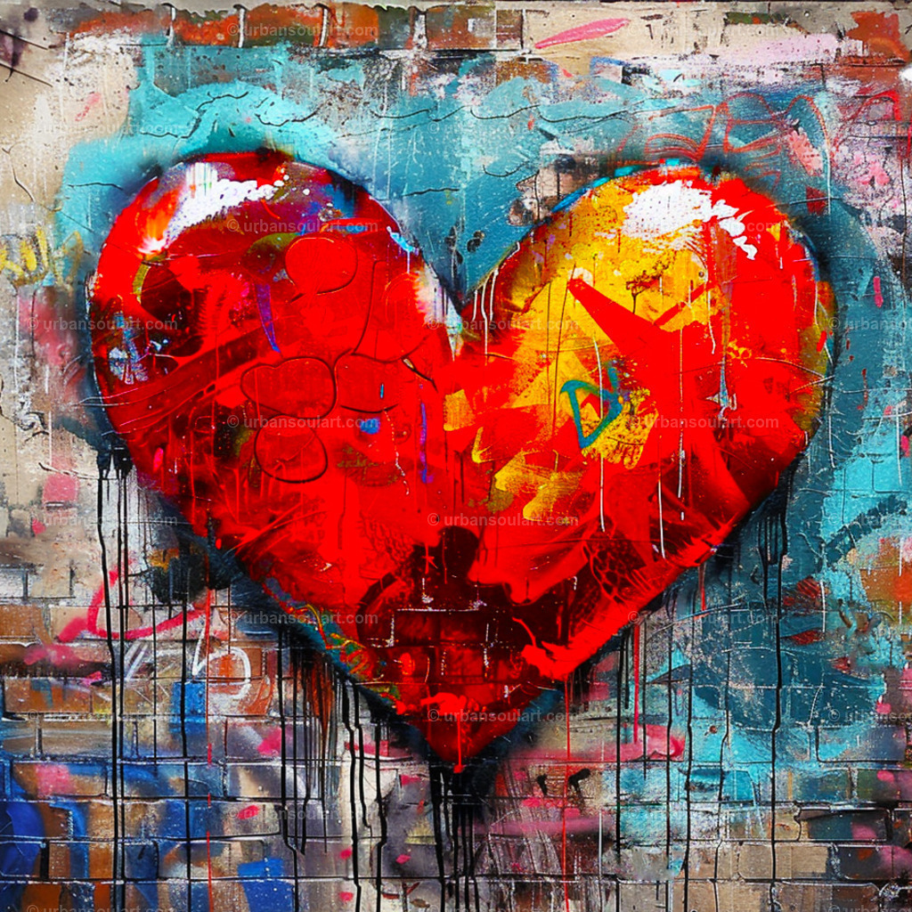 Big Red Heart On Brick Wall | A graffiti-inspired canvas featuring a large red heart on a brick wall. This piece brings a pop of color and street art energy to any room. - Realisiert mit Pictrs.com