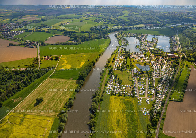 Vlotho240505403CampFeuerland_Weser | Luftbild, Camp Feuerland Campingplatz am Fluss Weser, Badesee und Weser-Radweg im Lipper Bergland, Vlotho, Ostwestfalen, Nordrhein-Westfalen, Deutschland