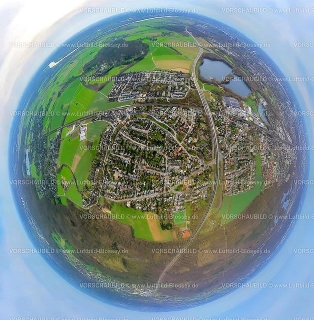 Duisburg230328_27Rahm | Luftbild, Ortsansicht Duisburg-Rahm und Rahmer See, Autobahnkreuz Duisburg-Süd mit Autobahn 59 und Autobahn 524, Erdkugel, Fisheye Aufnahme, Fischaugen Aufnahme, 360 Grad Aufnahme, Rahm, Duisburg, Ruhrgebiet, Nordrhein-Westfalen, Deutschland