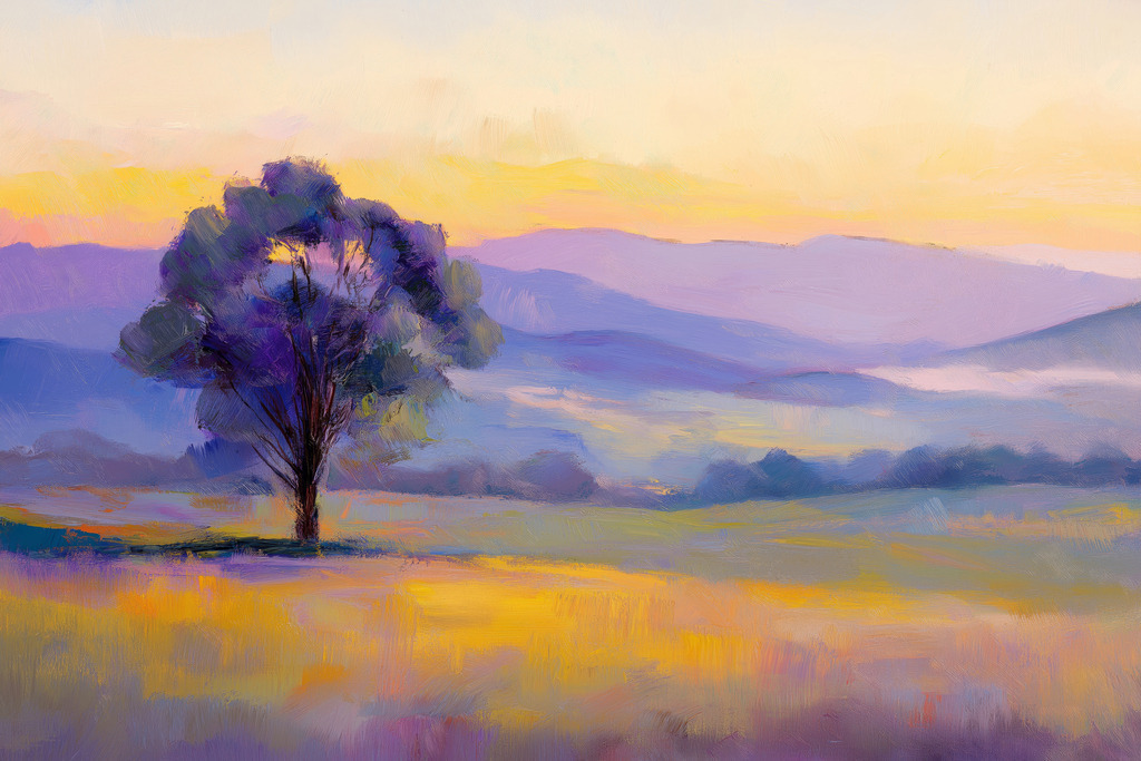 2502058 - Baum in einer weiten Landschaft | Modernes Wandbild im Stil eines Gemäldes. Bestellen Sie dieses Motiv als hochwertigen Kunstdruck auf Leinwand, hinter Acrylglas, auf Alu-Dibond oder auch als Poster. 