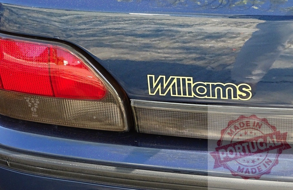 Williams logo on vintage blue car trunk | Williams branding on a vintage car trunk, featuring a red taillight and bumper details - Realized with Pictrs.com