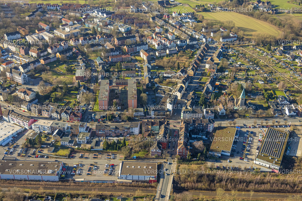 Dortmund240102032 | Luftbild, Wohngebiet Ortskern mit evang. Katharinenkirche, Provinzialstraße Bundesstraße B235, Ecke Bövinghauser Straße, Rewe und Penny Supermarkt, Verkehrssituation, Bövinghausen, Dortmund, Ruhrgebiet, Nordrhein-Westfalen, Deutschland