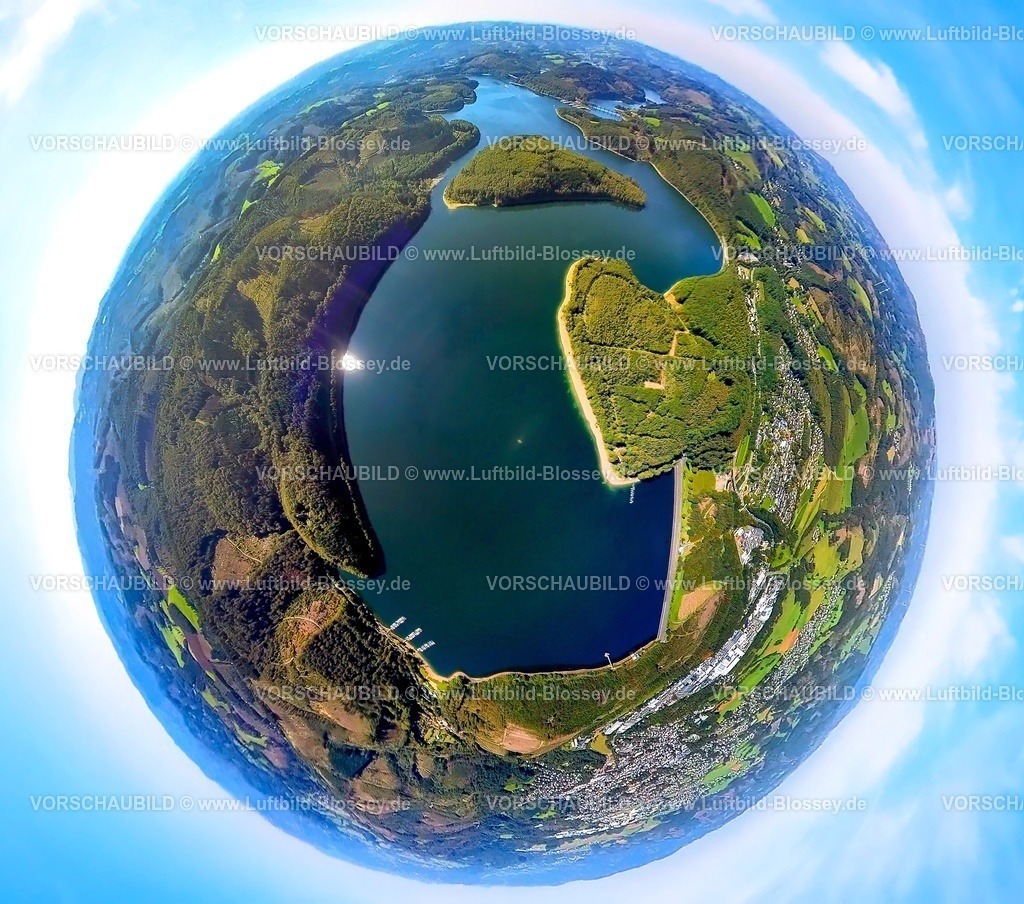 Attendorn230990316Biggesee | Luftbild, Biggesee mit Gilberginsel, Erdkugel, Fisheye Aufnahme, Fischaugen Aufnahme, 360 Grad Aufnahme, tiny world, Neu-Listernohl, Attendorn, Sauerland, Nordrhein-Westfalen, Deutschland