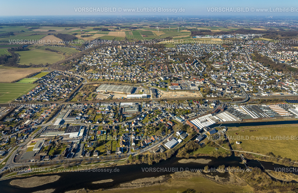 Wickede250305700 | Luftbild, Fluss Ruhr und Ortsansicht Wohngebiet Wickede, Echthausen, Wickede, Soester Börde, Nordrhein-Westfalen, Deutschland