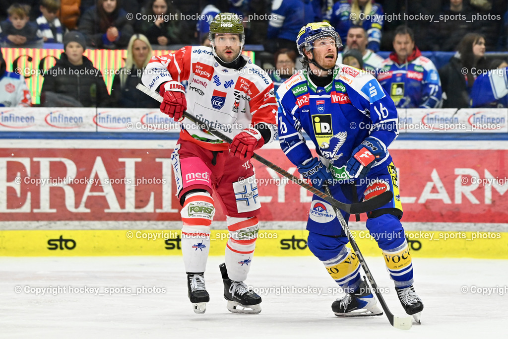 EC IDM WÄRMEPUMPEN VSV vs. HCB Südtirol Alperia | #16 Kevin Hancock EC VSV, #29 Shane Gersich HCB Südtirol Alperia, EC IDM WÄRMEPUMPEN VSV vs. HCB Südtirol Alperia, EC IDM WÄRMEPUMPEN VSV vs. HCB Südtirol Alperia am 28.12.2025 in Villach (Stadthalle Villach), Austria, (Photo by Bernd Stefan)