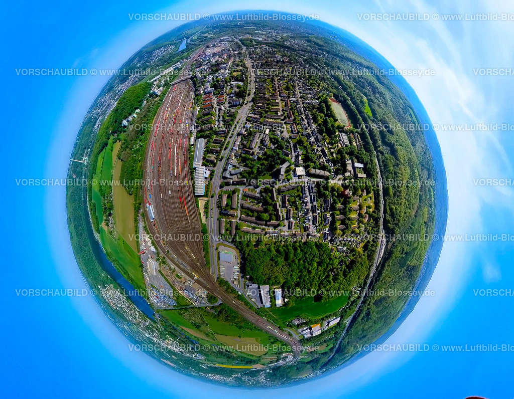 Hagen240590236Gueterbahnhof-Vorhalle | Luftbild, Wohngebiet Ortsansicht Ortsteil Vorhalle, großer Güterbahnhof Rangierbahnhof mit Güterzügen, Erdkugel, Fisheye Aufnahme, Fischaugen Aufnahme, 360 Grad Aufnahme, tiny world, little planet, fisheye Bild, Vorhalle, Hagen, Ruhrgebiet, Nordrhein-Westfalen, Deutschland
