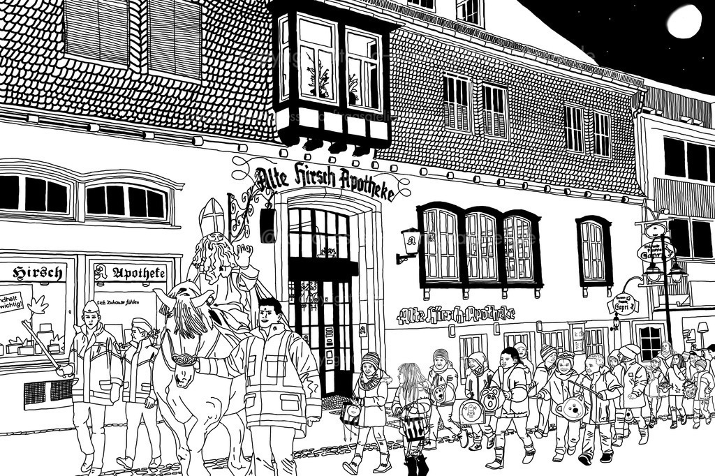 Martinszug | Illustration des traditionellen Sankt Martins Laternenumzugs in Brilon. Die Kinder gehen singend die Bahnhofstraße hoch. Sankt Martin reitet voran. Außenlinien zum Ausmalen. 