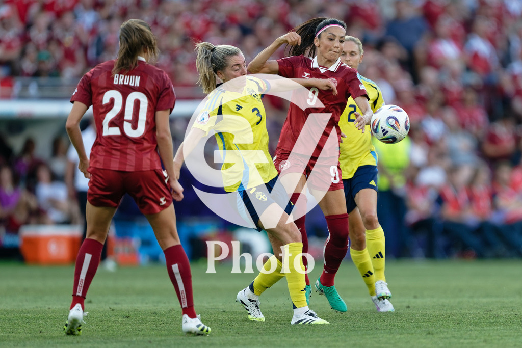 Denmark v Sweden - UEFA Women's EURO 2025 Group C | GENEVA, SWITZERLAND - JULY 4: Linda Sembrant of Sweden (L) and Nadia Nadim of Denmark (R)  fight for possession under the eyes of Signe Bruun of Denmark, far right and Jonna Andersson of Sweden ,far right during the UEFA Womens EURO 2025 Group C match between Denmark and Sweden at Stade de Geneve on July 4, 2025 in Geneva, Switzerland. (Photo by Giuseppe Velletri/Sports Press Photo/Getty Images)