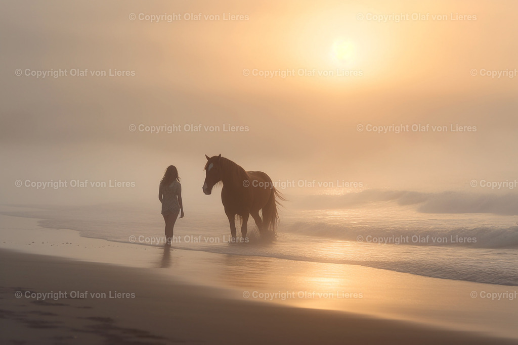 Mädchen mit Pferd allein am Meer | Frau mit Pferd am Strand bei Sonnenuntergang