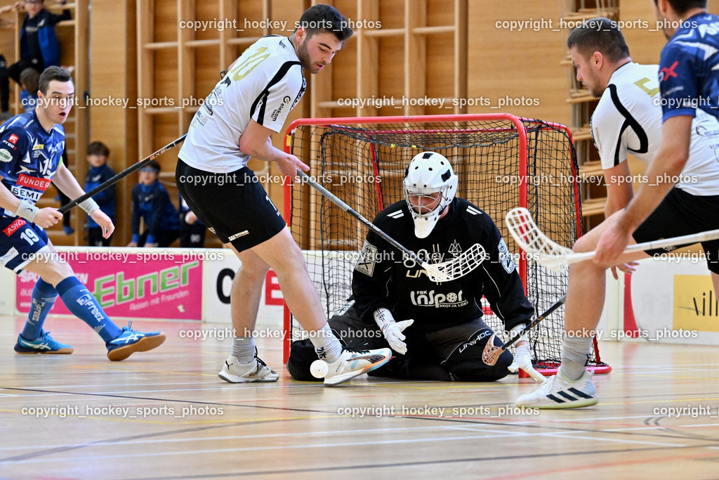 FBK Loka vs. VSV Unihockey | #10 Luka Peklaj FBK Loka, #80 Blaz Tomazin FBK Loka, #19 Philipp Seiser VSV Unihockey, FBK Loka vs. VSV Unihockey, FBK Loka vs. VSV Unihockey am 23.03.2025 in Villach (Ballspielhalle St. Martin), Austria, (Photo by Bernd Stefan)