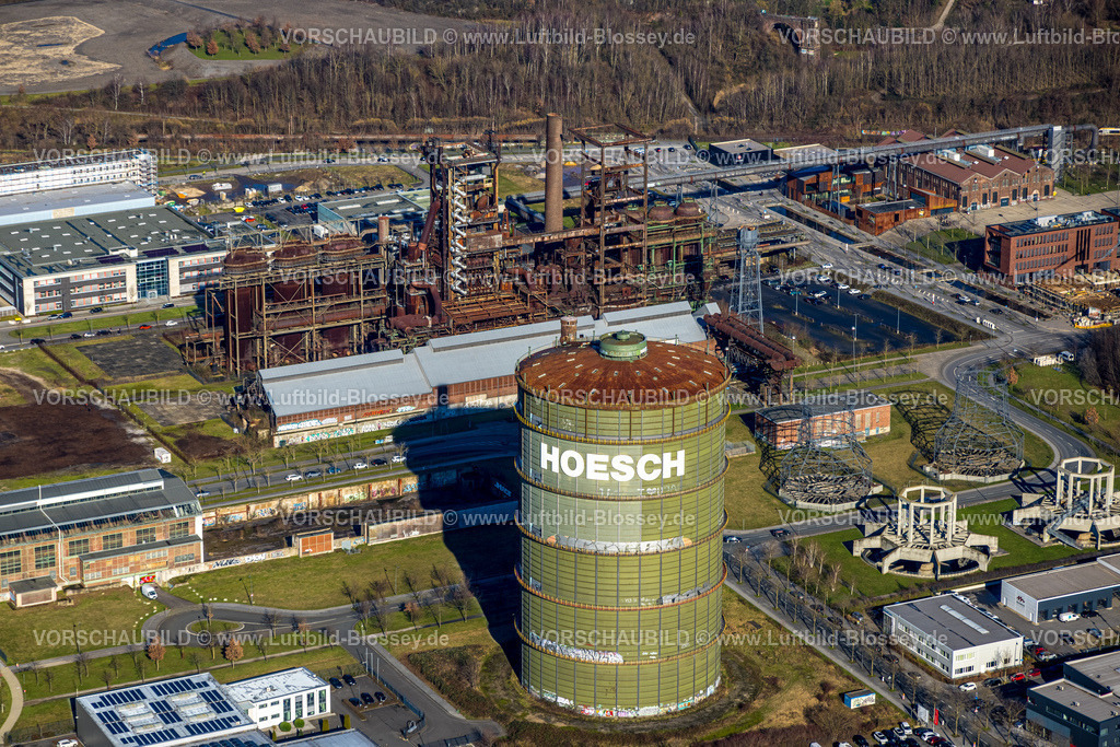 Dortmund230200552 | Luftbild, Gewerbegebiet Phoenix West, ehem. Hochofenanlage, Gasometer, Hörde, Dortmund, Ruhrgebiet, Nordrhein-Westfalen, Deutschland