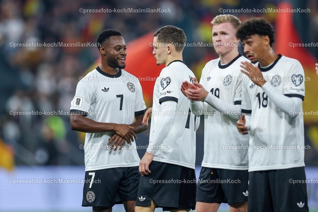 DFB10102501154 | 10.10.2025, Fußball, Länderspiel, Deutschland - Luxemburg, UEFA WM-Qualifikation, 2025/2026, Gruppe A, PreZero Arena in Sinsheim: glückliche Gesichter nach dem 4:0 Sieg der deutshen Mannschaft gegen Luxemburg. Ridle Baku (GER #7) Florian Wirtz (GER #17) Jonathan Burkhardt (GER #19) Nathaniel Brown (GER #18) DFB regulations prohibit any use of photographs as image sequences and or quasi-video.