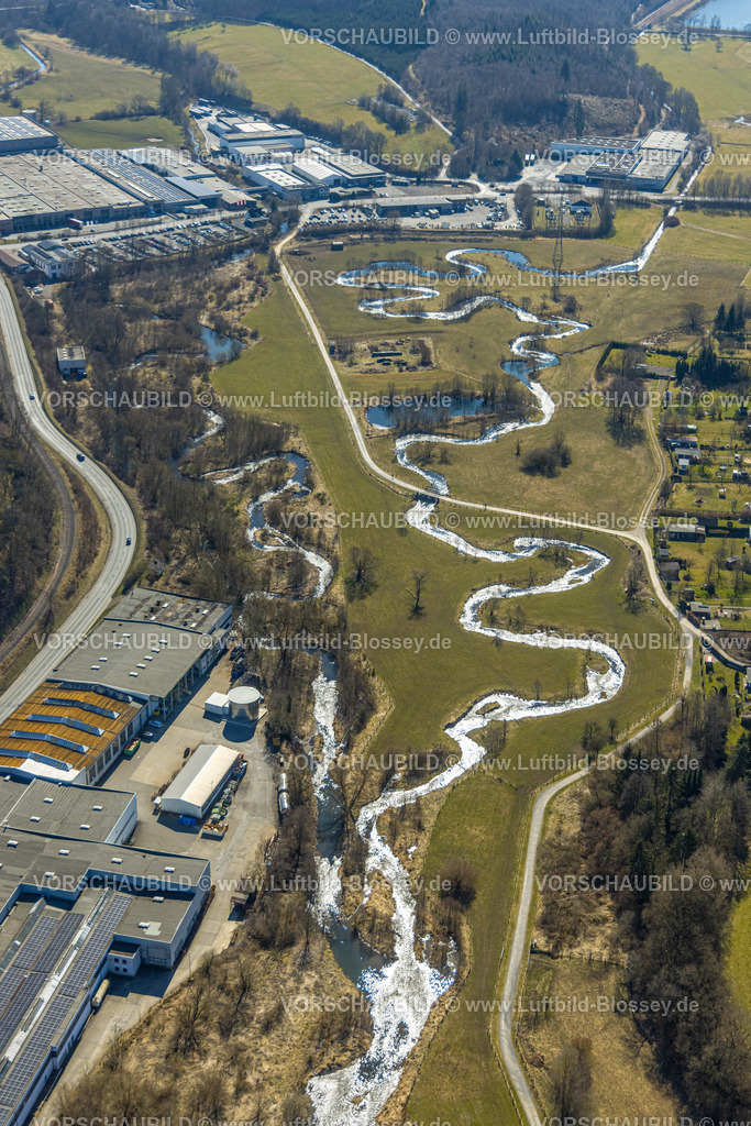 Sundern250304508 | Luftbild, Fluss Sorpe Flussmäander im Sorpetal Hachen, Formen und Farben, Hachen, Sundern, Sauerland, Nordrhein-Westfalen, Deutschland