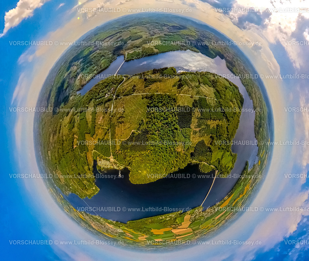 Moehnesee240590366Friedwald_ArnsbergerWald_Moehnesee | Luftbild, Erdkugel, Fisheye Aufnahme, Fischaugen Aufnahme, 360 Grad Aufnahme, tiny world, little planet, fisheye Bild, Möhnesee mit Waldgebiet, Delecke, Möhnesee, Sauerland, Nordrhein-Westfalen, Deutschland