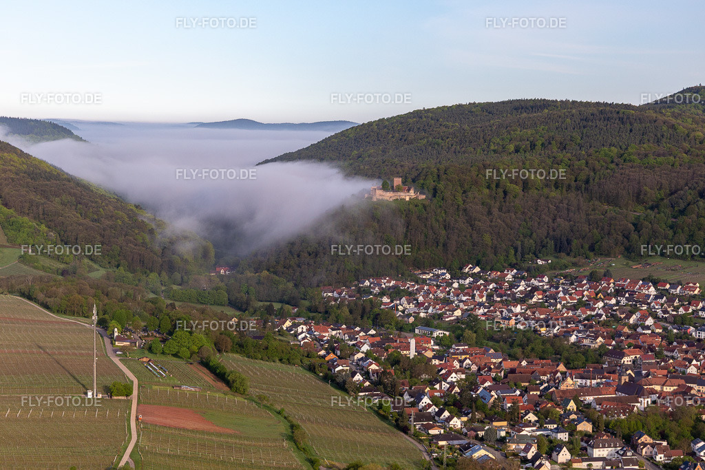 Burg Landeck im Morgennebel | Luftbild: Burg Landeck im Morgennebel in Klingenmünster im Bundesland Rheinland-Pfalz in Deutschland. Foto: IMG_113748.jpg vom 29.04.2019 durch Werner Riehm/FLY-FOTO.de - Realisiert mit Pictrs.com