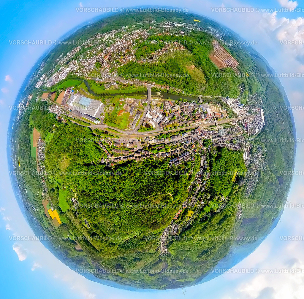 Hagen230520029HohenlimburgMitte | Luftbild, Hohenlimburg-Mitte, Schloss Hohenlimburg, Erdkugel, Fisheye Aufnahme, Fischaugen Aufnahme, 360 Grad Aufnahme, Hohenlimburg, Hagen, Sauerland, Nordrhein-Westfalen, Deutschland