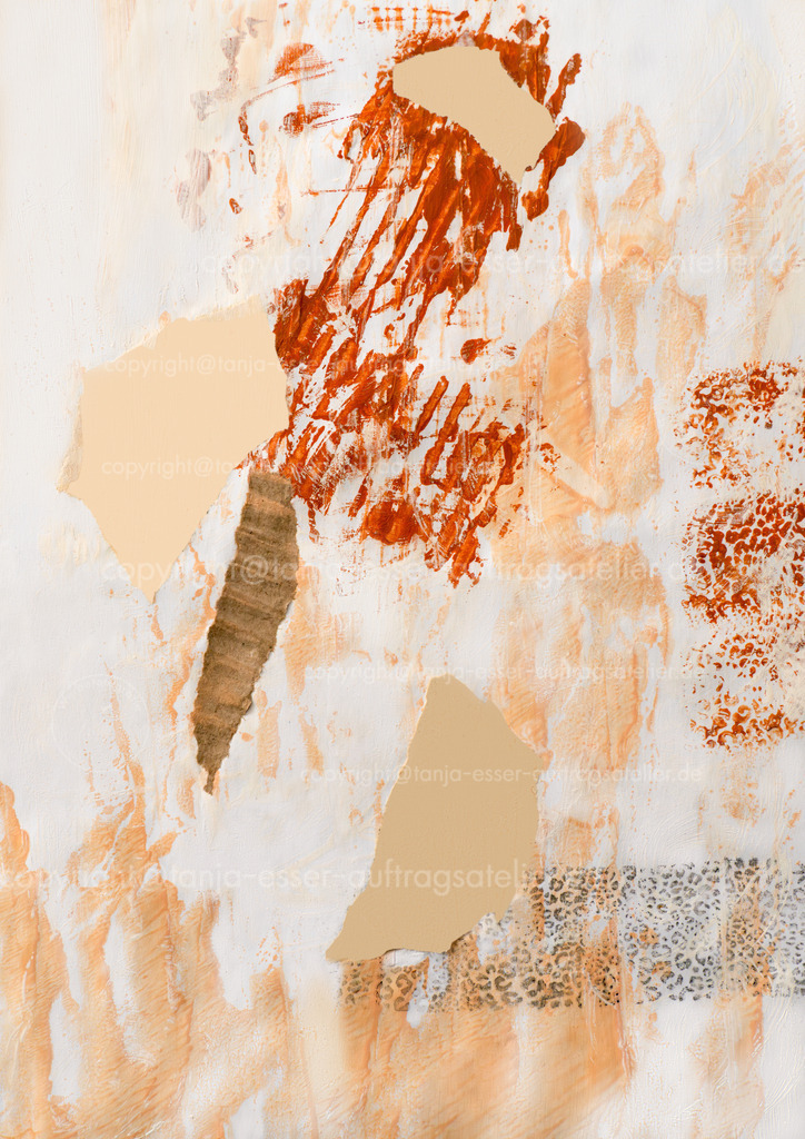 Designpapier als Hintergrund mit Animal Print. | Handgemachtes Design-Papier mit warmen Erdtönen. Verschiedene Texturen (gerissene Papierstücke, Wellpappe, grobe Pinselstriche) in Terrakotta und Beige sowie Leoparden-Muster.