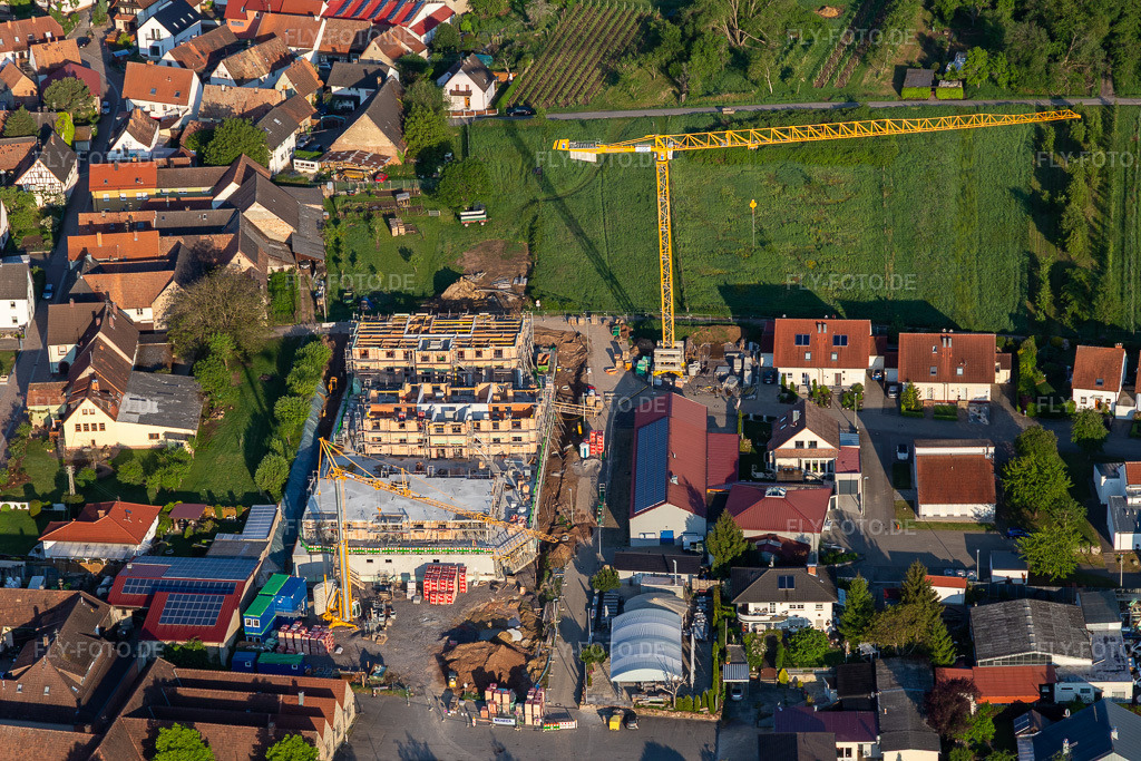 Luftbild: Neubau hinter dem Weintor in Schweigen im Ortsteil Schweigen in Schweigen-Rechtenbach im Bundesland Rheinland-Pfalz in Deutschland. Foto: IMG_120653.jpg vom 03.05.2020 durch Werner Riehm/FLY-FOTO.de