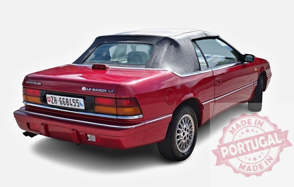 Red Chrysler LeBaron convertible parked with closed soft top, rear view | Classic red Chrysler LeBaron convertible parked, showing its closed soft top and rear design - Realisiert mit Pictrs.com