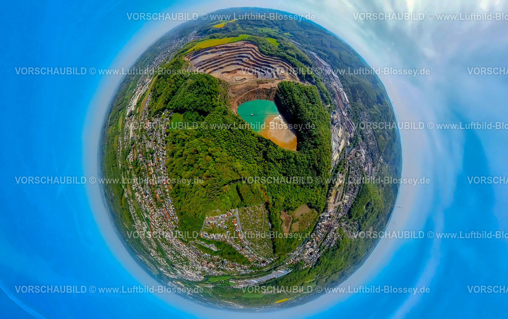 Hagen240590261Hohenlimburg_SteinbruchOeger-Steltenberg | Luftbild, Steinbruch Steltenberg, Hohenlimburger Kalkwerke, Ortsteil Oege, Erdkugel, Fisheye Aufnahme, Fischaugen Aufnahme, 360 Grad Aufnahme, tiny world, little planet, fisheye Bild, Hohenlimburg, Hagen, Ruhrgebiet, Nordrhein-Westfalen, Deutschland