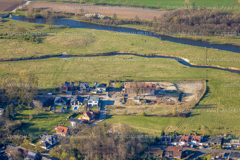 Olfen250405507 | Luftbild, Haus Füchteln, Baustelle und Baugebiet, Fluss Stever, Olfen-Kirchspiel, Olfen, Münsterland, Nordrhein-Westfalen, Deutschland