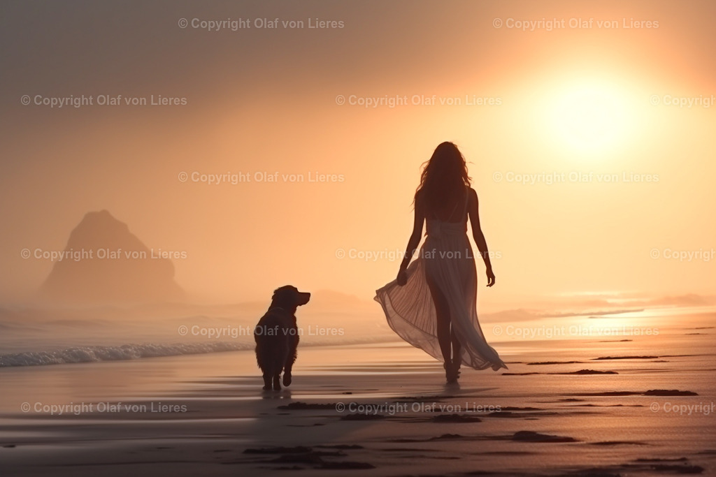 Frau mit Ihrem Hund am Meer | romantische Bild am Meer mit Sonnenuntergang