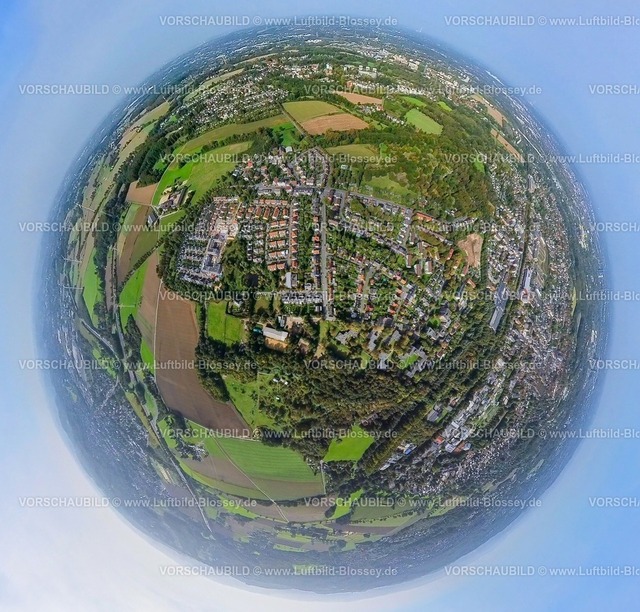 Dortmund231090029Menglinghausen | Luftbild, Ortsansicht Ortsteil Menglinghausen, Wohnen und Leben, Erdkugel, Fisheye Aufnahme, Fischaugen Aufnahme, 360 Grad Aufnahme, tiny world, Menglinghausen, Dortmund, Ruhrgebiet, Nordrhein-Westfalen, Deutschland