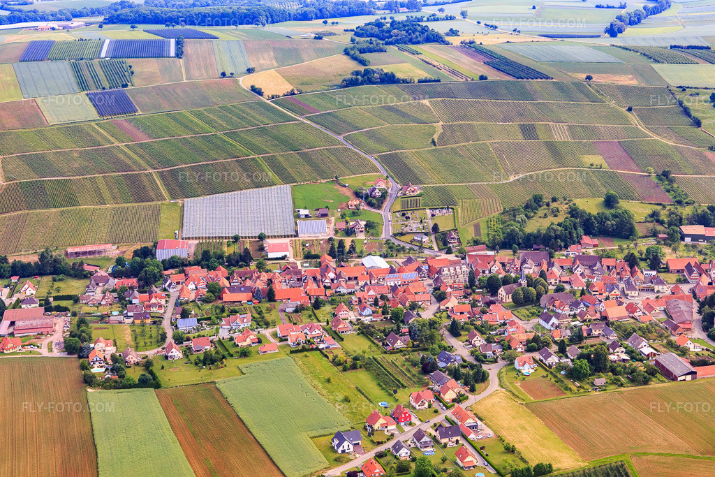 Aerial view: View of the town from the south in Steinseltz in the state Bas-Rhin, France. – Photo: IMG_100730.jpg taken on 06/05/2017 by Werner Riehm/FLY-FOTO.com – Resolution of the original: 5472 x 3648 px