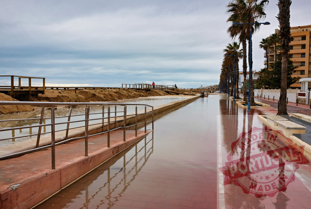 Floodwaters covering beach boardwalk, promenade, and coastal sidewalk | Floodwaters from a large storm surge covering a beach boardwalk and urban promenade with palm trees - Realisiert mit Pictrs.com