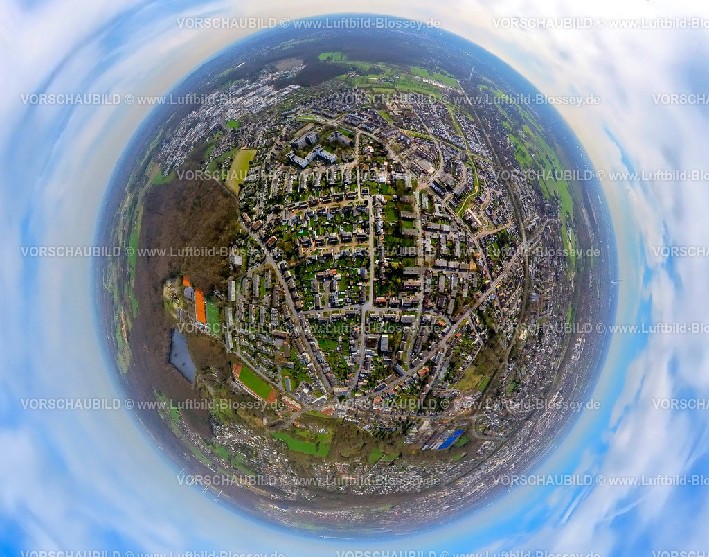 Dinslaken240390001Huehnerheide | Luftbild, Wohngebiet Hühnerheide, ein neues und kinderfreundliches Wohngebiet, Erdkugel, Fisheye Aufnahme, Fischaugen Aufnahme, 360 Grad Aufnahme, tiny world, little planet, fisheye Bild, Hiesfeld, Dinslaken, Niederrhein, Nordrhein-Westfalen, Deutschland