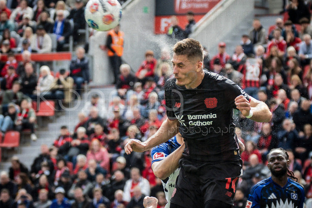 German Bundesliga, Bayer 04 Leverkusen vs. Hamburger SV, 16.05.2026 | LEVERKUSEN, GERMANY - MAY 16, 2026 :  Patrik Schick (Bayer 04 Leverkusen, 14) heads after a corner during the German Bundesliga match on gameday 34 between Bayer 04 Leverkusen vs. Hamburger SV at BayArena on May 16, 2026 in Leverkusen, Germany. DFL REGULATIONS PROHIBIT ANY USE OF PHOTOGRAPHS AS IMAGE SEQUENCES AND/OR QUASI-VIDEO.