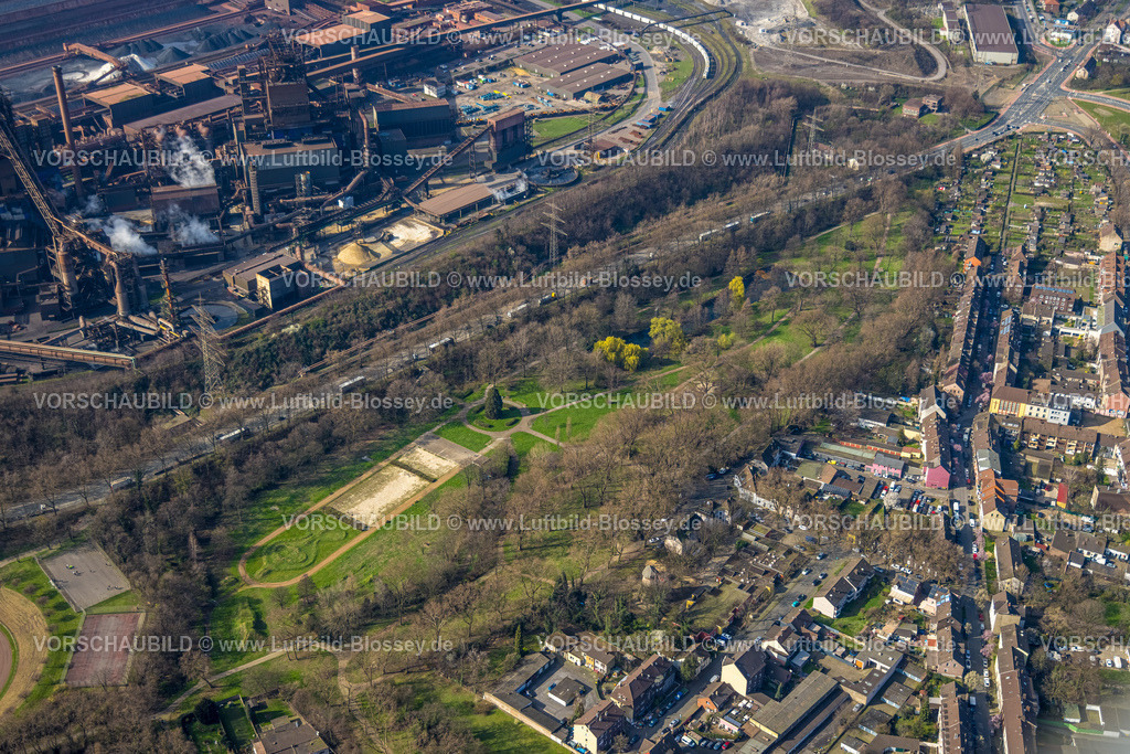 Duisburg240304508 | Luftbild, Volkspark Schwelgern (Schwelgernpark) am Thyssenkrupp Steel Europe Werk in Marxloh, Duisburg, Ruhrgebiet, Nordrhein-Westfalen, Deutschland, Duisburg-N