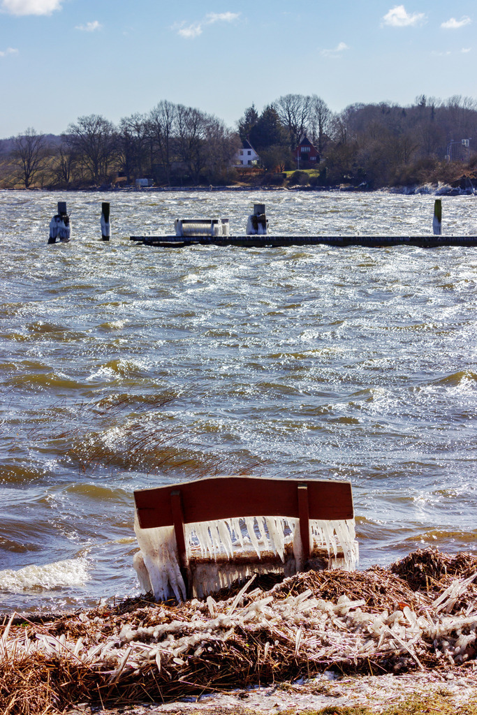 Wandbild: Vereistes Schleiufer in Lindaunis an der Schlei | Dieses Wandbild im Hochformat zeigt das vereiste Schleiufer in Lindaunis. Im Uferbereich steht eine Bank an der sich zahlreiche Eiszapfen befinden.  - Realisiert mit Pictrs.com