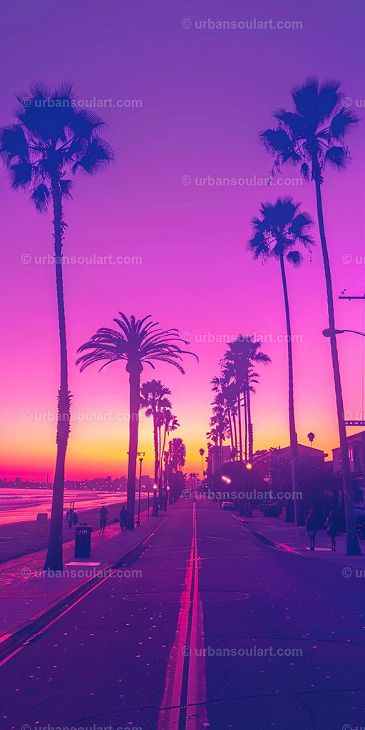 Vibrant California Sunset Over Ocean Beach Road | This artwork captures a vivid California sunset, with striking pink and orange hues over a beachside road. Perfect for evoking the calm beauty of a sunset in your living space. - Realisiert mit Pictrs.com