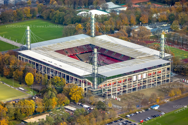 Koeln231100516RheinEnergieSTADION | Luftbild, Bundesligastadion RheinEnergieStadion
des 1. FC Köln, ehemals Müngersdorfer Stadion Fußballplatz und Trainingsplätze umgeben von herbstlichen Laubbäumen, Müngersdorf, Köln, Rheinland, Nordrhein-Westfalen, Deutschland