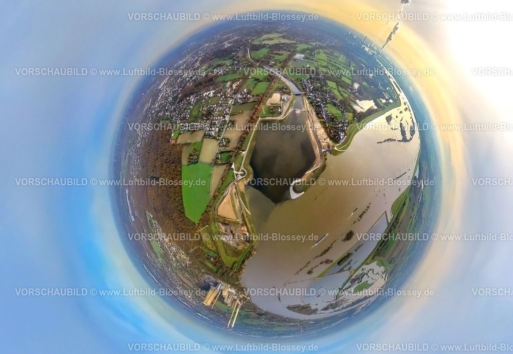 Dinslaken231190295EmschermuendungRhein | Luftbild, Hochwasser am Naturschutzgebiet Hasenfeld und Rheinvorland, gegenüber der neuen Emschermündung in den Rhein., umgeben von herbstlichen Laubbäumen, Erdkugel, Fisheye Aufnahme, Fischaugen Aufnahme, 360 Grad Aufnahme, tiny world, little planet, fisheye Bild, Möllen, Voerde, Ruhrgebiet, Nordrhein-Westfalen, Deutschland