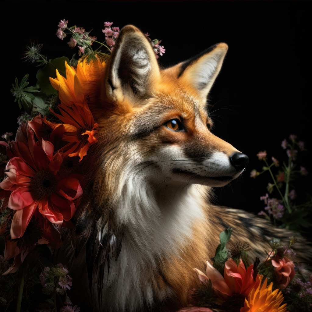 2308069 - Fuchs mit Blumen | Motiv eines Fuchses zwischen stilvollen bunten Blumen. Ein Motiv, das fotorealistisch anmutet.