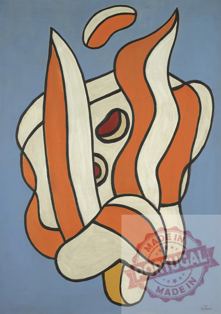 Fernand Léger abstract biomorphic composition on blue background | Fernand Leger Abstract artwork featuring undulating biomorphic forms in orange, white, and red on a blue background - Realized with Pictrs.com